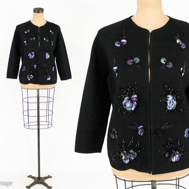 1960s Black Sequin Wool Cardigan | 60s Black Wool Double Knit Cardigan | Figure Knits | Medium 