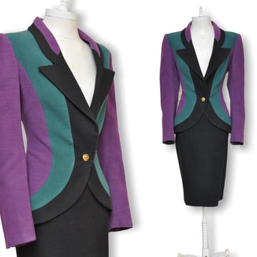 Vintage Ungaro Womens Skirt Suit Purple Black and Green Wool Power Suit Blazer and Pencil Skirt 6 Italy 