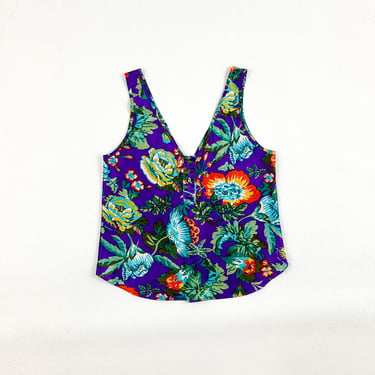 1990s Victorias Secret Purple and Orange Floral Satin Tank Top / Size P / XS / Small / Petite / Tropical / Boxy / Jewel Tones / Gold Label 