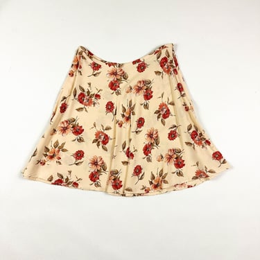 1990s Peach Rayon Floral Mini Skirt / Skater Skirt / Circle Skirt / Tulips / Navy Blue and Cream / Grunge / Large / Size 12 / Daisy / M / 30 
