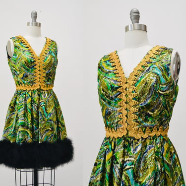 60s 70s Vintage Metallic Green Party Cocktail Dress XXS XS Green Blue Gold Dress with Marabou Feathers 60s Disco Party Dress Green Metallic 