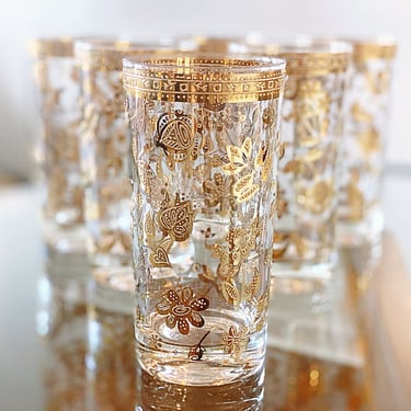 Culver Gold Highball Cocktail Glasses ~ Whiskey Bar Cart Glasses ~ Vintage Chantilly Floral Gold Glass Tumblers / Hollywood Regency Barware 