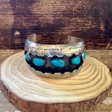 SHADOWBOX Vintage Navajo Turquoise and Stamped Silver Cuff | HK Hallmark Handmade, Old Pawn | Native American Southwestern Bracelet Jewelry 