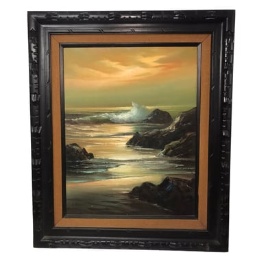 32x38 Original Signed Seascape Framed Oil Painting by Robert Stevens | Coastal Ocean Waves Landscape Artwork | Ornate Carved Frame 