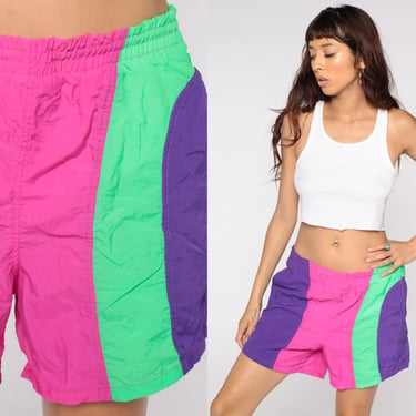 90s Neon Swim Shorts Surfer Swim Trunks Color Block Shorts High Waisted Shorts Pink Purple Summer Beach Vacation Medium 
