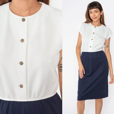 80s Button Up Dress Navy Blue White Midi Dress Shirtdress Cap Sleeve High Waisted Pencil Secretary Sheath Plain Vintage 1980s Small S 