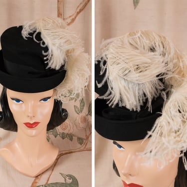 1940s Hat - Sculpted Vintage 40s Top Hat Tilt, with Asymmetric Ostrich Feathers 