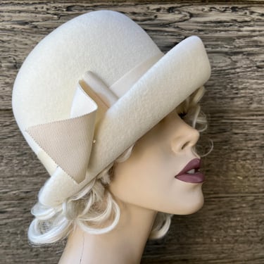 1960s cream fur cloche hat vintage curled brim fedora cap 