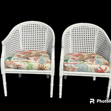 Pretty pair of vintage faux bamboo barrel chairs 