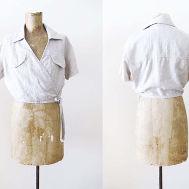 Vintage 90s Linen Blend Beige Wrap Top M - 1990s Cropped Collared Minimalist Shirt Neutral 
