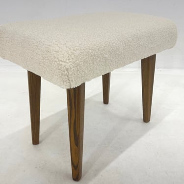 Mid-century Stool in Sheep Skin Fabric, 1970's / Vintage Stool or Footrest / New Upholstery / White 