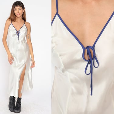 Victoria's Secret Nightgown White Satin Slip Dress Y2K High Front Slit Keyhole Bow Midi Lingerie Vintage 00s Spaghetti Strap Extra Small xs 