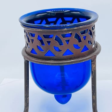 Pretty Cobalt  Blue Bowl Vase or Candle Votive Holder In Metal Stand 