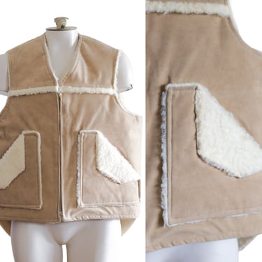 Vintage Tan Zip-Up Winter Sherpa Vest with Wooly Lining 
