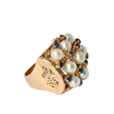 Gold Sapphire and Pearl Cocktail Ring 18k Gold 