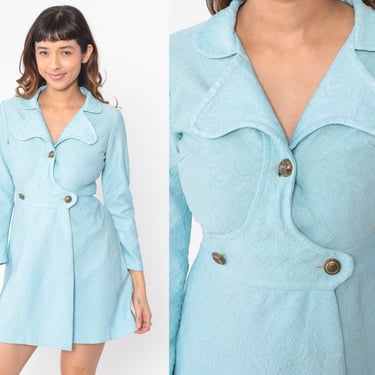 70s Babydoll Dress Baby Blue Embossed Mini Wrap V Neck Mod Button Up Jacket Dress 1970s Empire Waist Long Sleeve Vintage Extra Small XS 