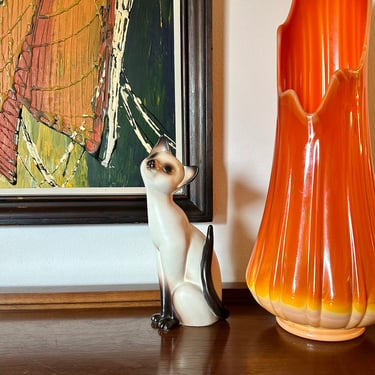 Vintage Mid-Century  Hand Painted Long Necked Siamese Cat 