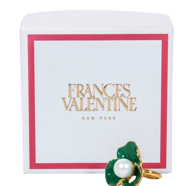 Frances Valentine - Gold Ring w/ Green Flower & Pearl Sz 7