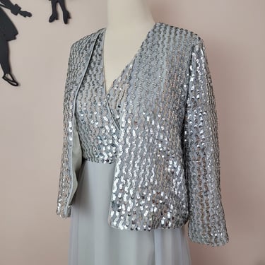 Vintage 1970's Sequin Dress and Jacket / 70s Silver Cocktail Blazer Set S 