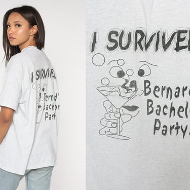 90s Party Shirt I Survived Bernard's Bachelor Party Funny T-Shirt Joke Graphic Tee Cocktail TShirt Grey Vintage 1990s Extra Large xl 
