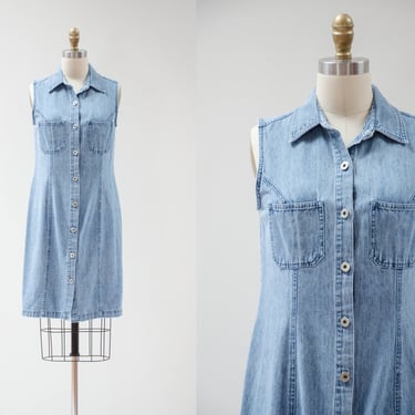 denim mini dress | 90s y2k vintage soft faded distressed grunge button down sleeveless jean dress 