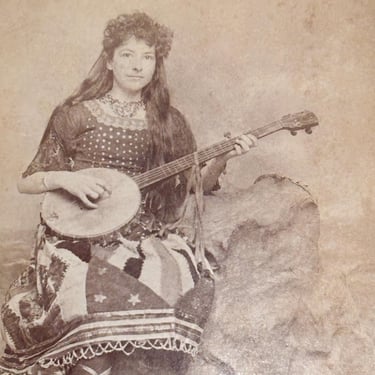 Antique Cabinet Card of Female Performer with a Banjo and Crazy Quilt Dress  - Unusual 19th Century Photography - Woman - Rare Photos 