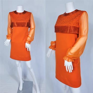 1960's Tangerine Orange Double Knit Beaded MOD Shift Dress I Sz Med I ADDE' 