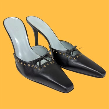 Vintage BCBG Mules Retro 1990s Womens Footwear + Genuine Leather + Black + Size 9.5 + Bow + Pumps + Pointy Square Toe + 4 Inch Stiletto Heel 