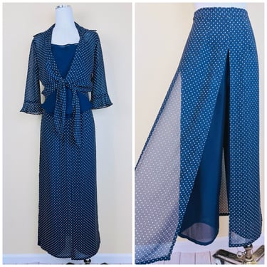 1990s Vintage Joseph Ribkoff Polka Dot Three Piece Outfit / 90s Navy Blue Crop top and Skirted Palazzo Pants / Size Medium / US 8 