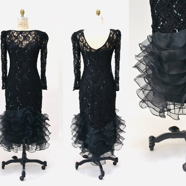 80s 90s Vintage Black Prom Party Dress Size Medium Large Black Lace Sequin Dress with Ruffles Long Sleeves// Vintage Black Lace Ruffle Dress 