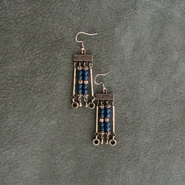 Navy blue frosted glass and copper chandelier earrings 