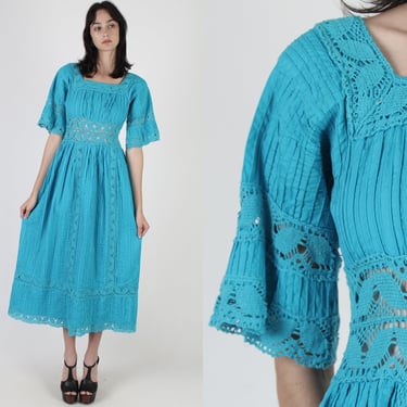 Aqua Bell Sleeve Mexican Dress, Crochet Lace Quinceanera Outfit, Pintuck Cotton Fiesta Maxi Dress 