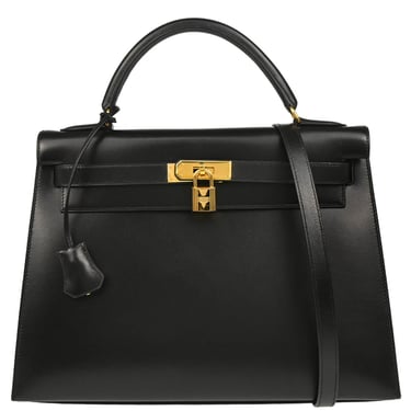 Hermes 1999 Black Box Calf Kelly 32 Sellier Handbag