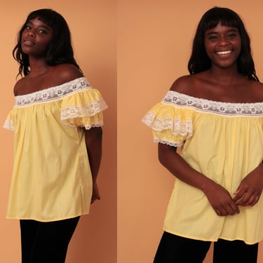 Vintage 1970s Lemon Yellow Off The Shoulder Lace Mexican Shift Blouse Top // Plus Size 