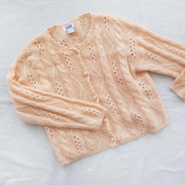 Vintage Baggy Cable Knit Cardigan Sweater M - Oversized Open Weave Pointelle  Mohair Pullover - Peach Pink Pastel Knitted Grunge Fairy Kei 