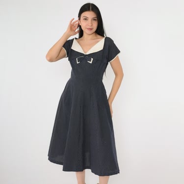 Vintage 1950s Navy Polka Dot Dress Wide Collar Bow Accent Full Skirt Metal Side Zipper Mid Century 50s Tea Length Sailor Pin Up Small Junior 