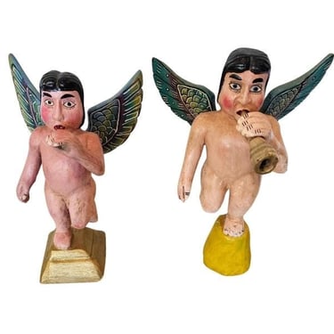 Vintage Mexican Folk Art Carved Polychrome Painted Religious Winged Angel Figure Sculpture Pair 