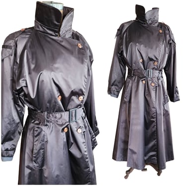 Vintage 80s Trench Coat Metallic Gray by British Mist Large 