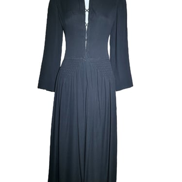 Galanos 70s Black Maxi Gown With Tie Up Bodice and Lattice Ruche Detailing