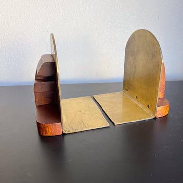 Midcentury Sculptural Bookends Brass and Wood 