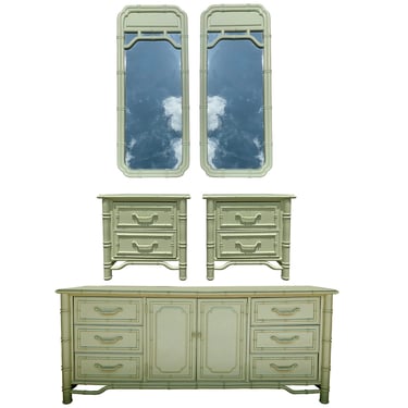 Vintage Faux Bamboo Regency Bedroom Set Dresser Nightstands and Mirrors Palm Beach 