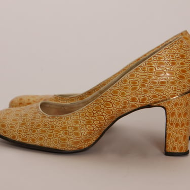 1960s Reptile Yellow and Tan Spotted Square High Heel Pumps Heels Shoes by Town and Country -8AA 