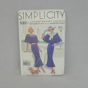 1988 1928 Dress Pattern - Misses' Capelet or Flutter Sleeve Dress - UNCUT Simplicity 9360 - Size HH 6-12 30-34" bust - Sewing Pattern 