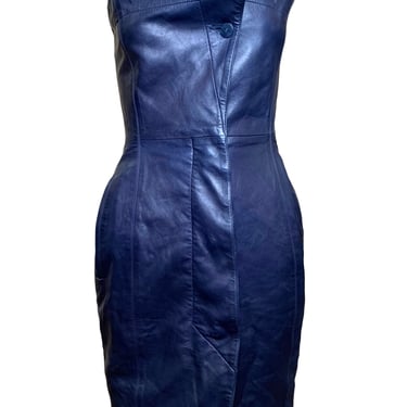 Claude Montana for Idéal-Cuir Rare Late '70s Midnight Blue Lambskin Leather Strapless Mini Dress