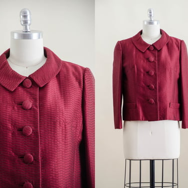 red silk wool jacket | 50s 60s vintage dark red burgundy dark academia cropped wool blazer 