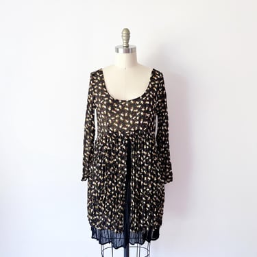 Size S - M Vintage Rayon Floral Dress / Whimsigoth Swishy India Black Drop Waist Sun Dress Summer Split Front Crinkle NC 17 Danielle Karen 