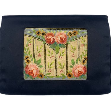 30s Black Satin Clutch Purse with Hand Embroidered Floral Motif