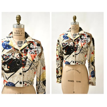 Vintage Abstract Sequin Jacket Vasily Kandinsky Geometric Art Inspired Sequin Jacket by Jeanette For St Martin Size Medium 