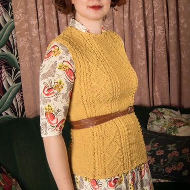 1940s Sweater Vest - Sporty Golden Mustard Yellow Knit Pullover with Handmade Buttons of Rayon-Celanese Yarn 