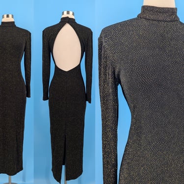 Vintage 90s Cache Long Sleeve Turtleneck Maxi Dress with Open Back - Nineties Black and Gold Glitter Bodycon Maxi Dress Size 6 